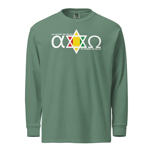unisex-garment-dyed-heavyweight-long-sleeve-shirt-light-green-front-67eba5dfc29cc.jpg ALPHA & OMEGA long-sleeve (α)