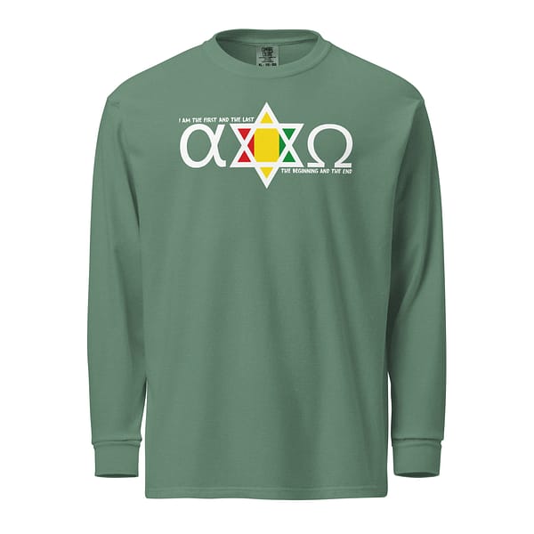 unisex-garment-dyed-heavyweight-long-sleeve-shirt-light-green-front-67eba5dfc29cc.jpg ALPHA & OMEGA long-sleeve (α)